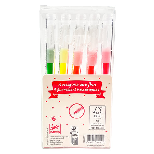 ケースの裏面には、ペン先の形や対象年齢が記載されています。「5 蛍光 ワックスクレヨン」の対象年齢は6歳です。