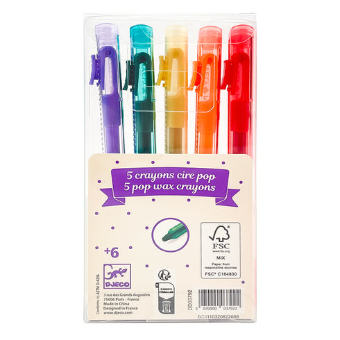 ケースの裏面には、ペン先の形や対象年齢が記載されています。「 ポップ ワックスクレヨン」の対象年齢は6歳です。