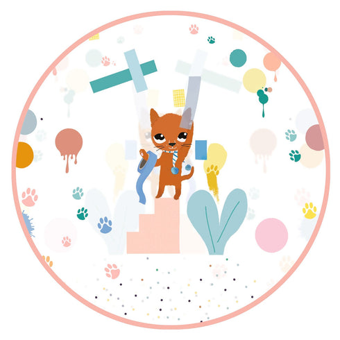 絵柄の拡大図です。チャマローが台に乗ってカラフルなテープを貼っています。周りにはチャマローの足あとや模様がが描かれています。