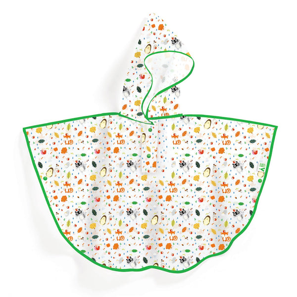 子ども用のレインケープです。半透明の生地に、リスやハリネズミなどの森の生き物が描かれています。バイピングは緑色です。