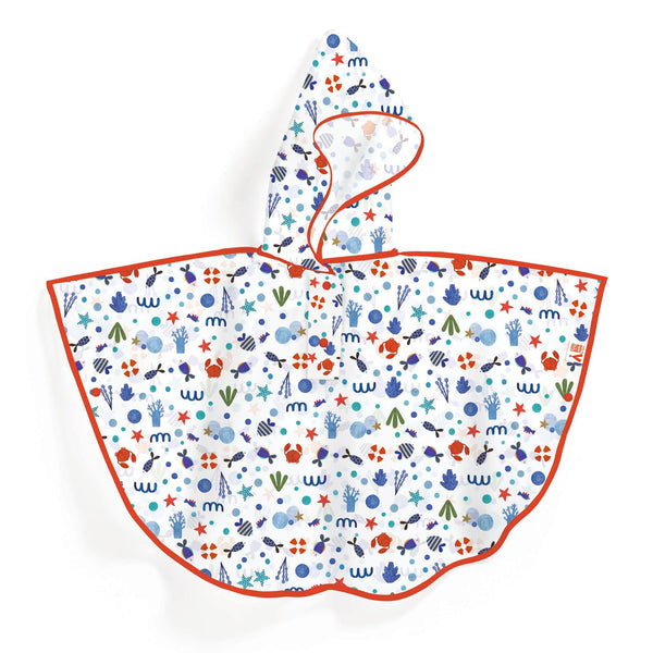 子ども用のレインケープです。半透明の生地に、魚やカニなどの海の生き物が描かれています。バイピングは赤色です。