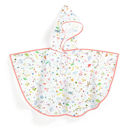 子ども用のレインケープです。半透明の生地に、鳥や雲、花が散りばめられています。パイピングはピンク色です。