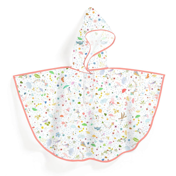 子ども用のレインケープです。半透明の生地に、鳥や雲、花が散りばめられています。パイピングはピンク色です。