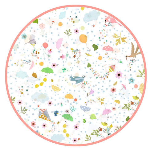 絵柄の拡大図です。鳥や花、傘などが優しいタッチで描かれています。