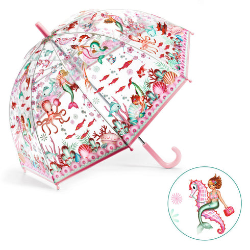 人魚と魚が描かれた傘です。ピンク色を基調としています。
