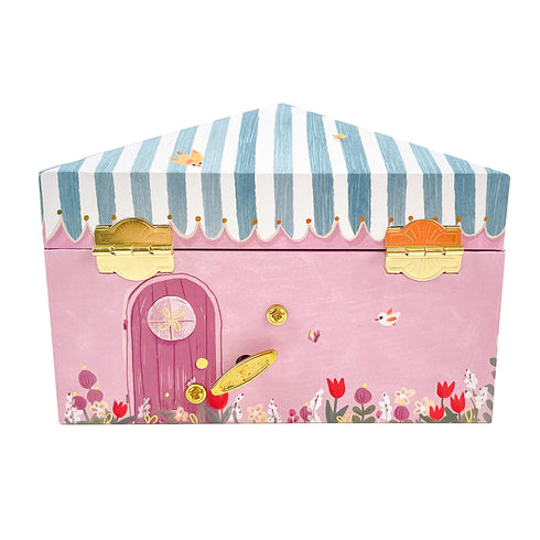 背面には勝手口が描かれています。オルゴールを巻くゼンマイも背面についています。