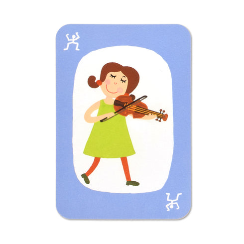 「プエット! プエット!」の青いカードの中の1枚。バイオリンを弾いている女性が描かれています。