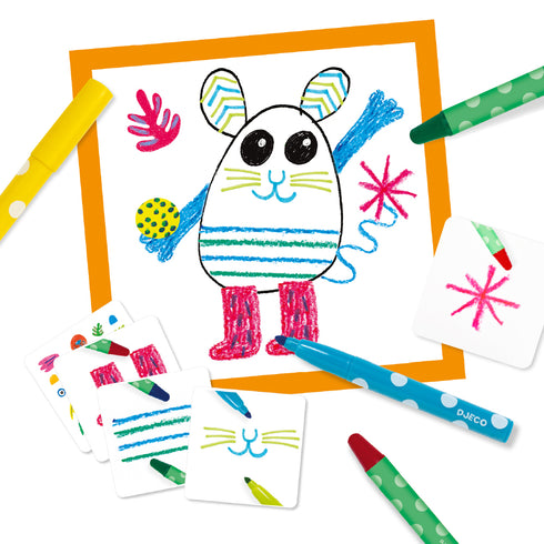 親子で遊べるお絵描きゲーム。好きなお絵かきシートを1枚選び、カードに描かれている絵と色と同じ内容を絵カードに書き足します。