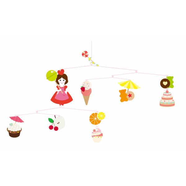 「モビール スウィーツ」という商品です。ベッドメリーとしておすすめなスイーツのかわいいモビール。