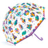 「アンブレラ ポップ レインボー」という商品です。むらさき色を基調としたレインボーカラーがかわいいデザインの傘です。透明な部分から行き先が確認できます。