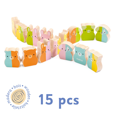 つなげて遊ぶ木製ドミノ。色や形を感覚で学ぶ木のおもちゃ。ピースが厚く積み木にもなります。