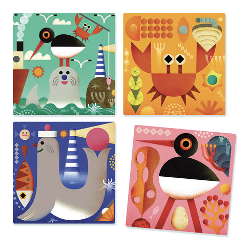 海の動物たちのイラストを完成させる木製キューブパズルトイ。お手本カードがついているのでカードを見ながら同じ内容を作るところから始めましょう。