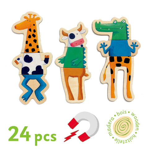 8種類の動物たちが3種類のピースに分かれています。ピースは全部で24個あります。