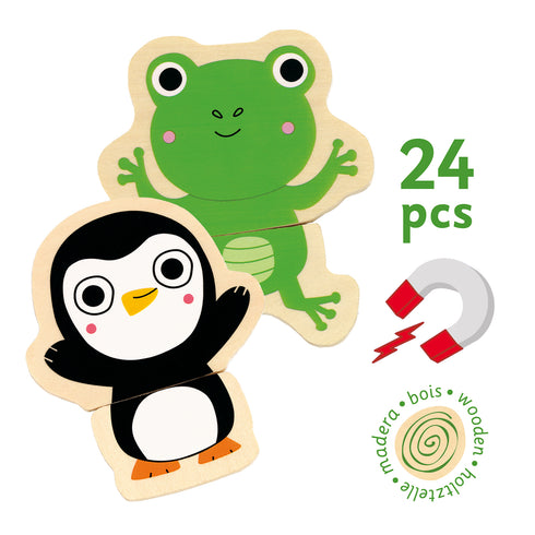 かわいい動物たちのマグネット&木製パズル。12種類の動物たちが上下2つのマグネットのパーツに分かれています。
