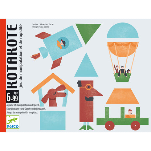 「コタコテ」という商品です。観察と工夫でチャレンジカードの絵と同じものを早く作れるか、スピード勝負のカードゲーム。6歳からお年寄りまで遊べます。