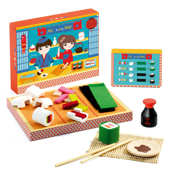 「アキ&マキ」という商品です。お寿司の具とのりをメニューカード通りに組み合わせて巻き寿司を作ります。作業の順番を理解することは論理的思考に繋がります。