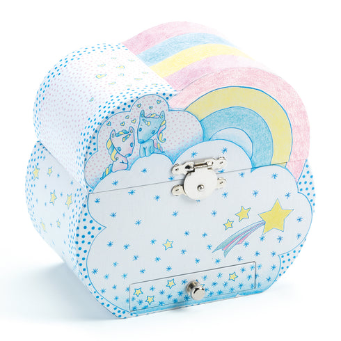 閉じた状態のジュエリーボックスです。ゼンマイを巻くと開けた時にオルゴールが鳴り始めます。