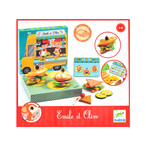 おしゃれなサンドイッチ屋さん。お客様にメニューにある3種類のサンドイッチをおすすめしましょう。おいしそうに上手く重ねましょう。