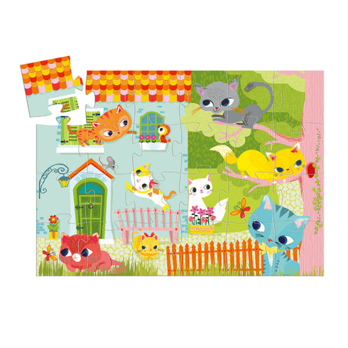 可愛いネコの24pcsシルエットパズル。パズルのイラストの中ではどんな場面やお話を想像しながら完成を目指しましょう。