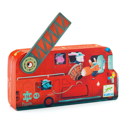 「ファイヤートラック」という商品です。パッケージが素敵なハシゴが回る消防車型の16pcsのシルエットパズル。