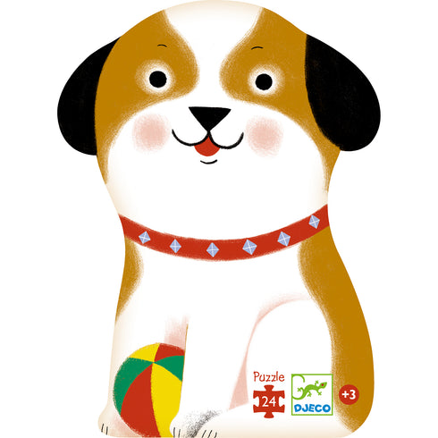 子犬のファーミンと友達の猫と一緒に庭で遊んでいる様子が描かれています。24ピースで小さいお子様も遊びやすいピース数です。子犬の形をしたボックスは、遊び終わったらインテリアとしても飾ることができます。