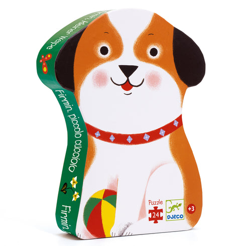 「ファーミンリトルパピー」という商品です。子犬のかたちのパッケージが可愛い24pcsシルエットパズル。