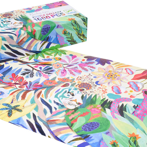 カラフルで迫力ある1000ピースのパズル。大胆な色のトラ達が印象的。