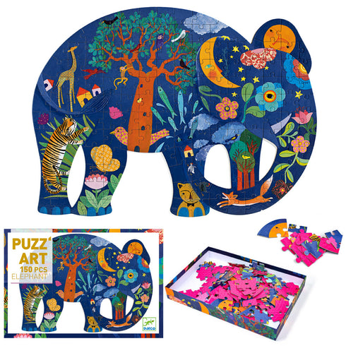 美しい色をしたゾウの150ピースのパズル。ゾウのシルエットの中に美しいアートがあります。