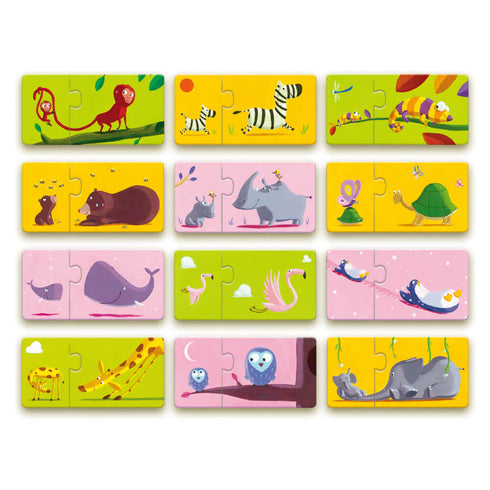 2歳の楽しい簡単知育パズル マムアンドベビー|フランス玩具ジェコ2歳の楽しい2ピースを組み合わせる簡単知育パズル 動物の親子が対になっているパズル。フランス老舗玩具ブランドDJECOジェコの初めてのパズルにおすすめなアイテム