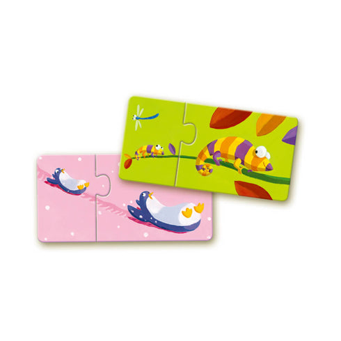 2歳の楽しい簡単知育パズル マムアンドベビー|フランス玩具ジェコ2歳の楽しい2ピースを組み合わせる簡単知育パズル 動物の親子が対になっているパズル。フランス老舗玩具ブランドDJECOジェコの初めてのパズルにおすすめなアイテム