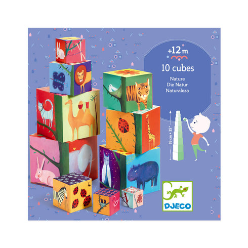 動物や自然をテーマにしたネスティングブロック。10個の厚紙ブロックをはめ込んで、積み上げて、何度でも倒せます。イラストが順序を作るように立方体をスタッキングすることで、数や大きさを学ぶことができます。
