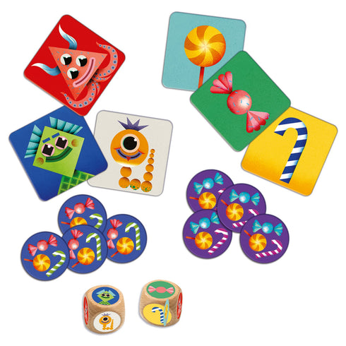 サイコロを投げて出たモンスターとお菓子との組み合わせのカードを見つける記憶ゲーム。