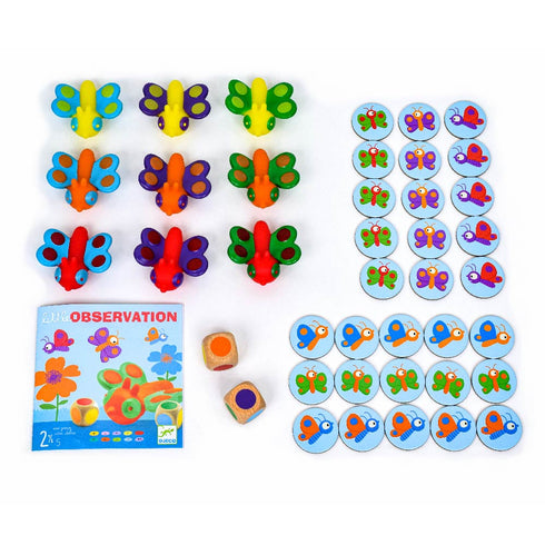 蝶々は全部で9個、サイコロは2個、チップは30個と説明書があります。