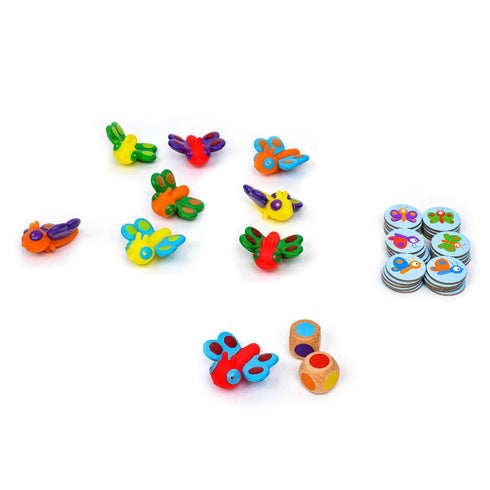 サイコロを2つ振り、サイコロと同じ色の組み合わせの蝶々を素早く捕まえます。