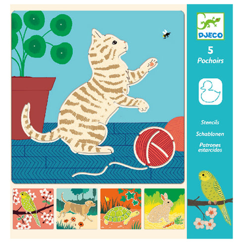 「ステンシル キュート」という商品です。ネコやイヌ、トリたちのかわいい動物たちのステンシルセット。溝をなぞると簡単に絵が描けます。