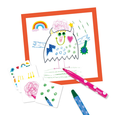 親尾で遊べるお絵描きゲーム。好きなお絵かきシートを1枚選び、カードに描かれている絵と色と同じ内容を絵カードに書き足します。