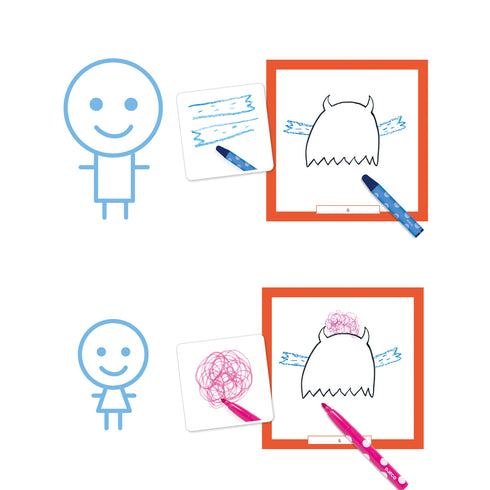 好きなお絵描きシートを選びます。カードを引きカードに書かれているものをシートにを書き足します。その時はカードに書かれている色と同じものを使います。