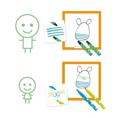 好きなお絵描きシートを選びます。カードを引きカードに書かれているものをシートにを書き足します。その時はカードに書かれている色と同じものを使います。