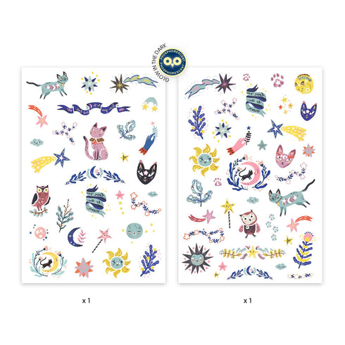 暗闇で光るタトゥーシール。幻想的な自然と動物をテーマにしたタトゥー2枚セットです。