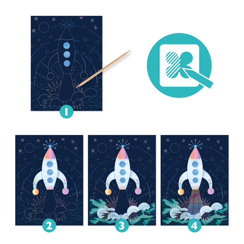 付属のペンで表面を書くように削っていくと、下地のカラフルな色がキレイに浮かびあがってきます。