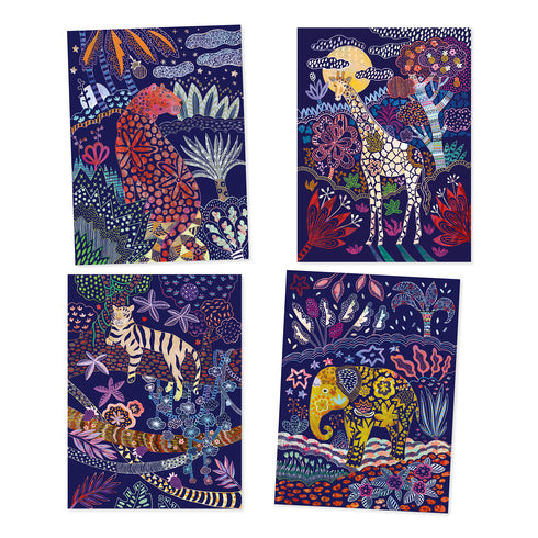 ヒョウやキリンなどの豊かな森で暮らす野生動物のカードが4枚入っています。