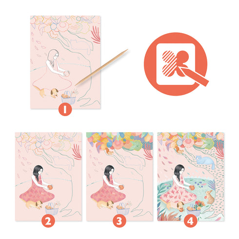 付属の棒で表面を書くように削っていくと、下地のイラストがキレイに浮かびあがってきます。