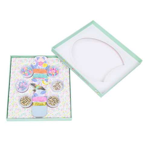 パッケージを開けた様子です。ビーズはひねって開けるケースに収まっています。紐は鳥が描かれた台紙に巻かれています。