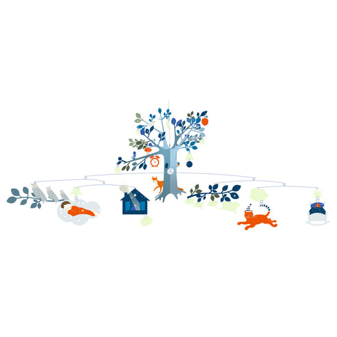 「モビール アンユージュアルナイト」という商品です。ベッドメリーとしておすすめな夜モチーフのモビール。羊や雲のモチーフが暗闇で光ります。