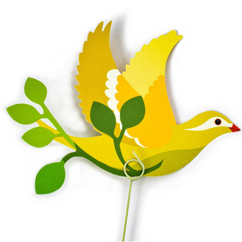 美しい黄色の鳥が植物を運んでいるモチーフです。