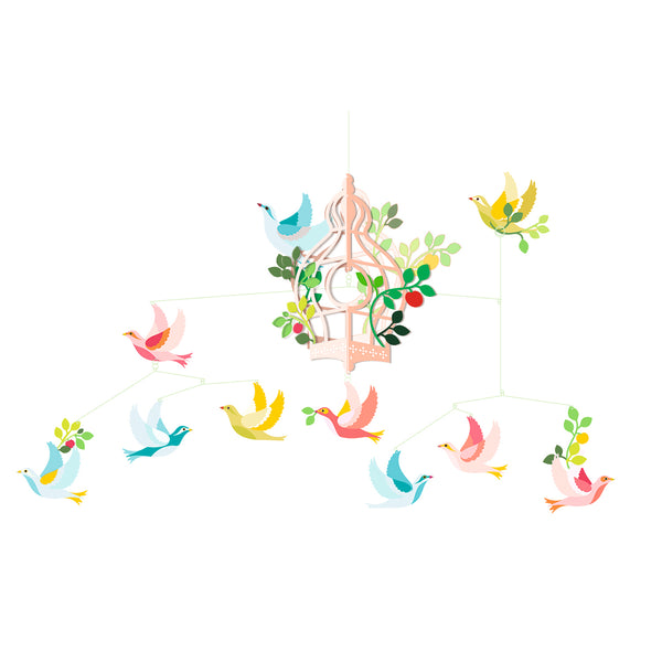 「モビール バードゲージ」という商品です。ベッドメリーとしておすすめな鳥と鳥かごのモビール。