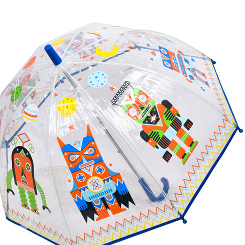 ユニークなロボットがデザインされた子ども用の透明な傘。カラフルだけどまとまった色遣いがおしゃれ。