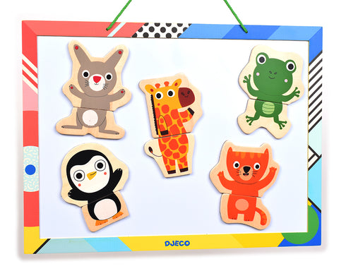 動物たちの上下のパーツをパズルのように組み合わせます。マグネットボードや冷蔵庫に付けてパズルのように遊んだり、自由に組み替えて不思議な動物を作って楽しめます。