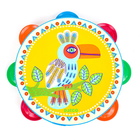 トリがデザインされたカラフルなタンバリン。 サイズは 17×4.5㎝です。