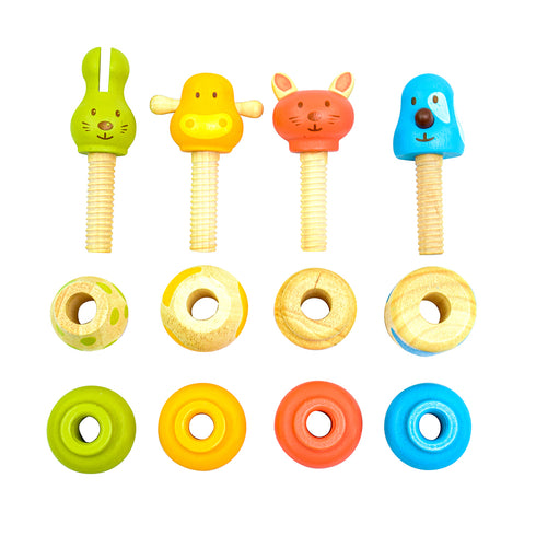 ひねって遊ぶネジ型木製おもちゃ。可愛い動物型になっていて手首の発達を促します。